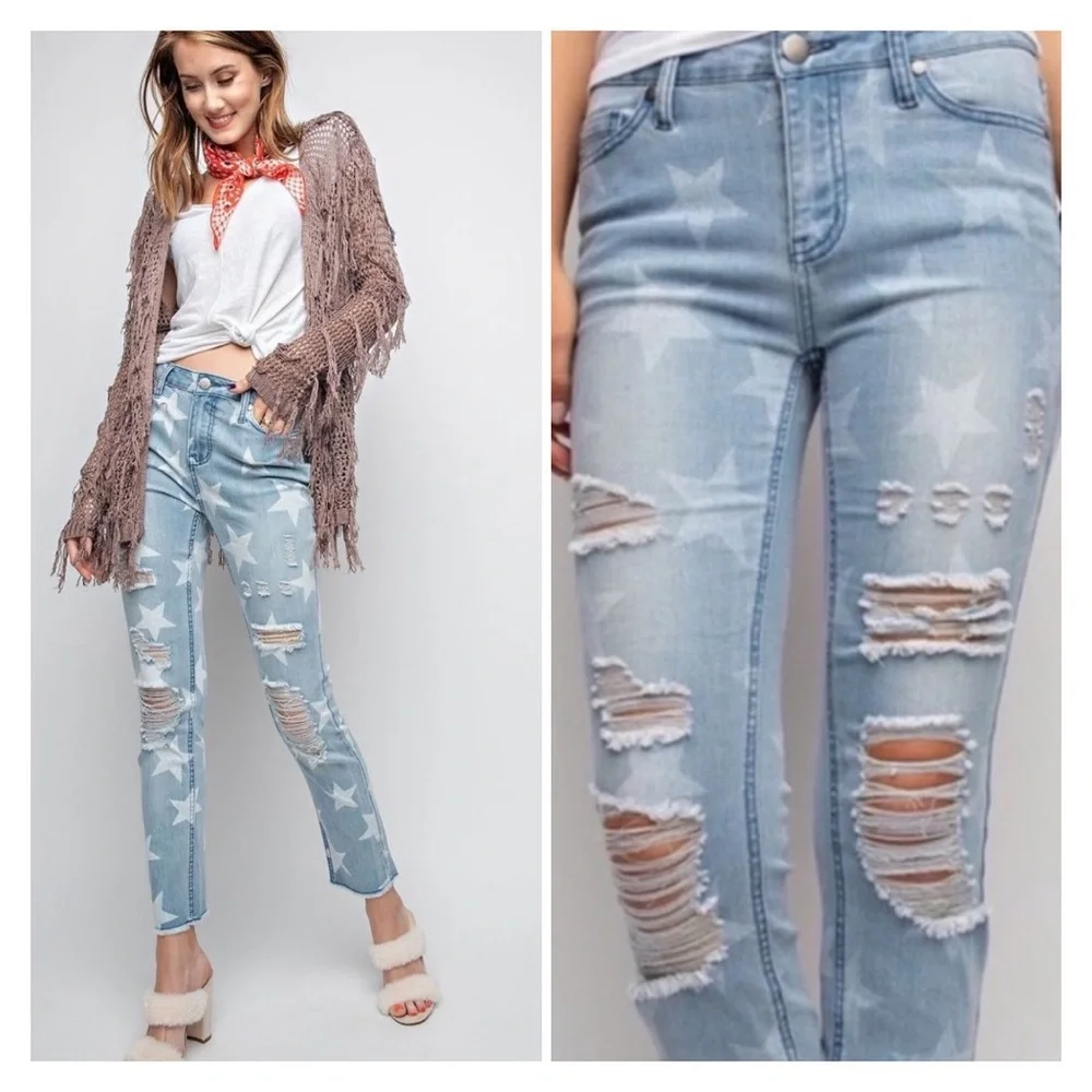 Star Printed Denim Distressed Jeans - Picture 1 of 5